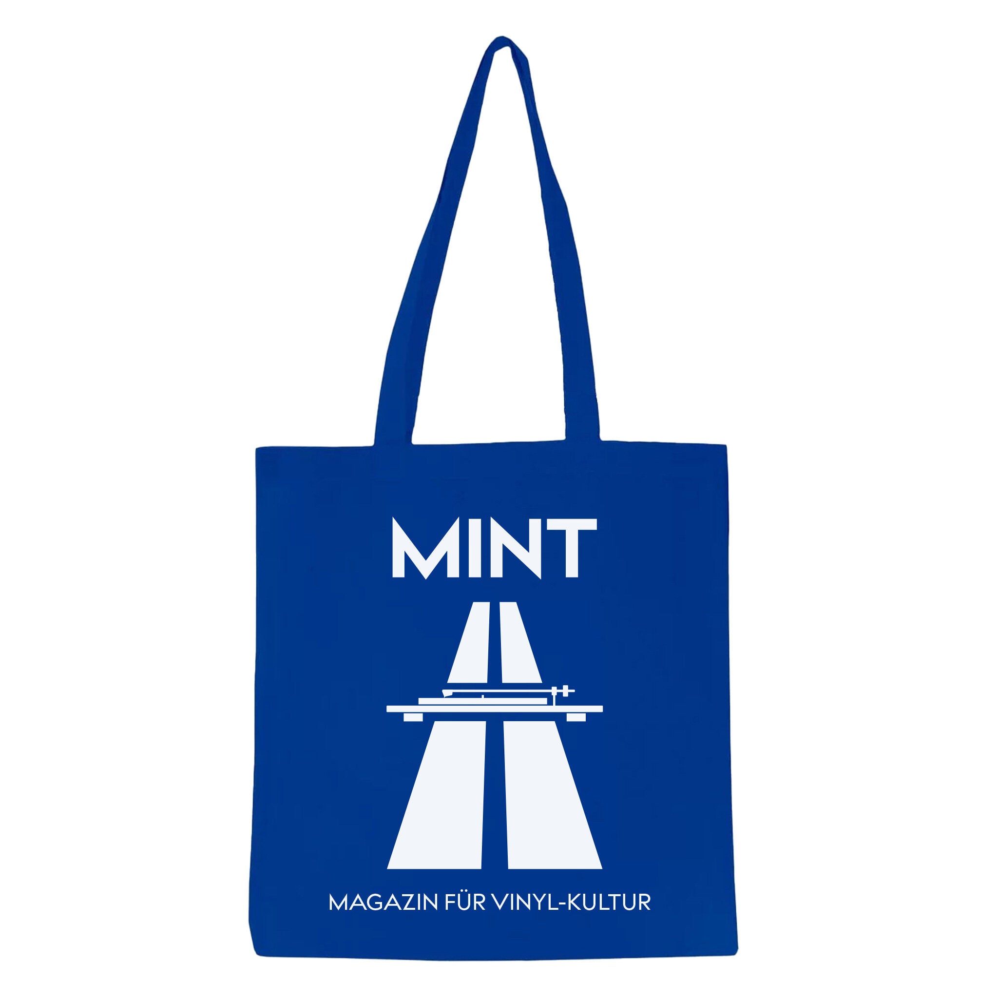 MINT Limited Edition Stoffbeutel blau mit weißem Aufdruck: MINT Logo, Plattenspieler, darunter „Magazin für Vinyl-Kultur"
