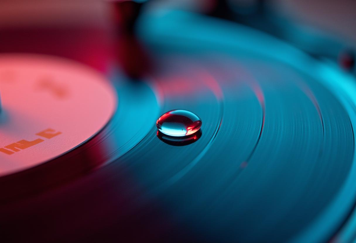 Ai generiert: Wassertropfen auf einer Vinyl-Schallplatte