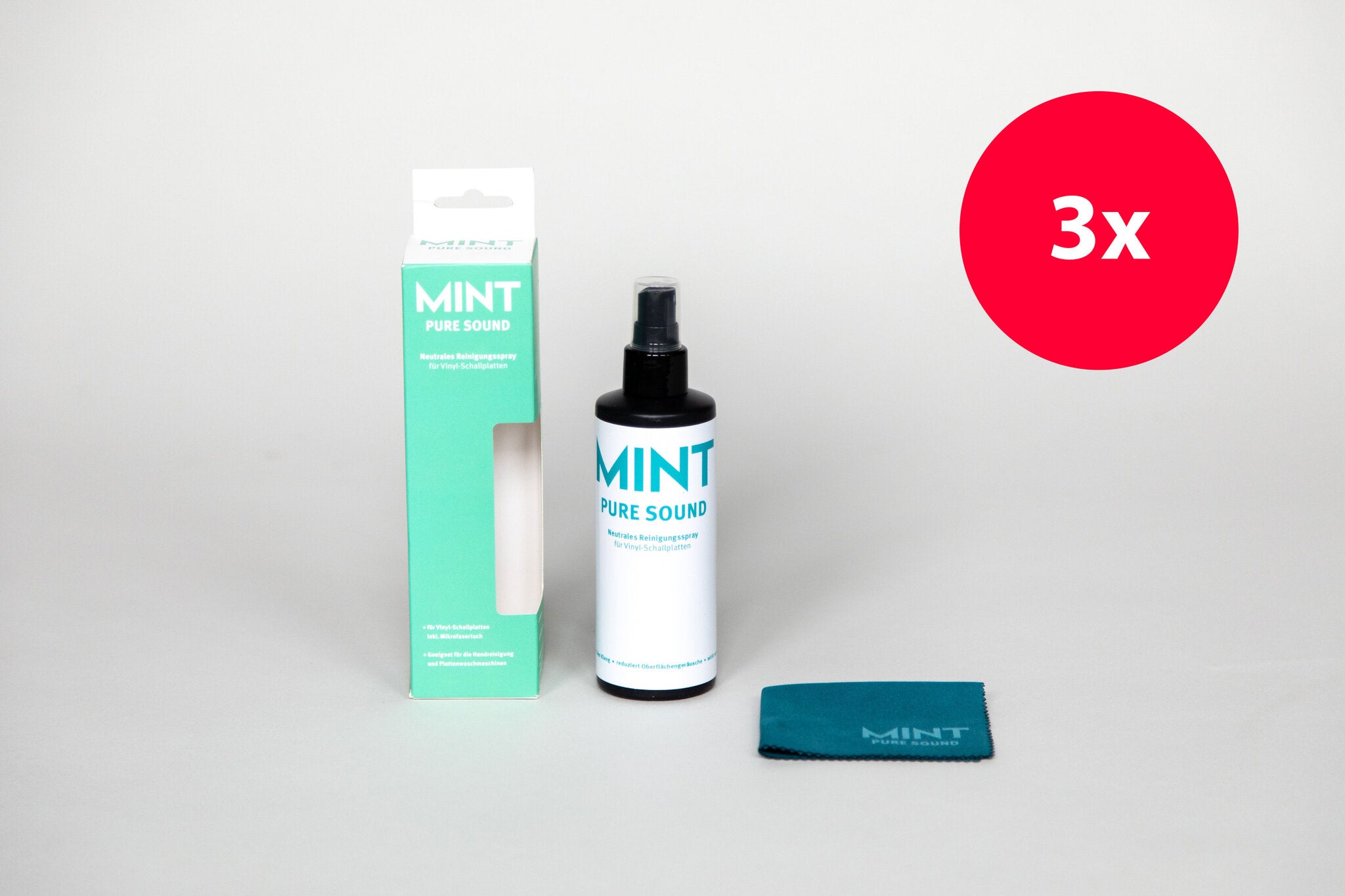 MINT Pure Sound Verpackung, Sprayflasche, Reinigungstuch und Kennzeichnung 3x